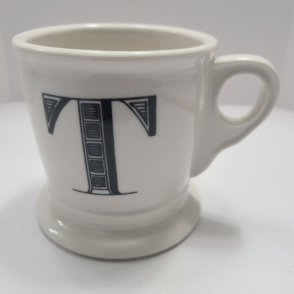 Anthropologie Letter T Initial Monogram Retro White Black Coffee/Tea Mug 14 Oz